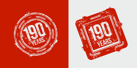 Group of 190th anniversary logos drawn as stamps in red celebration frame. Grunge stamp texture. Holiday stamps. Postage stamp collection. Vector round and rectangular stamps