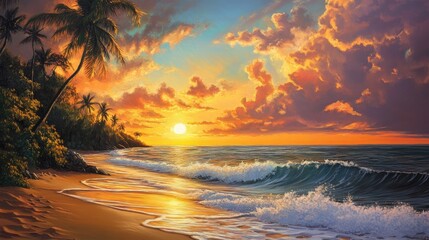 Tranquil golden hour sunset over the ocean with gentle waves and lush palm trees on a serene beach landscape.