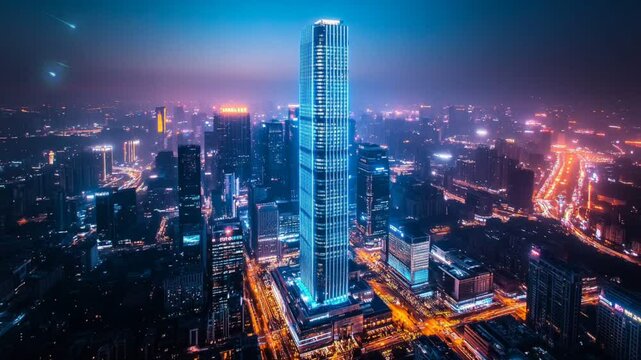 Modern skyscraper illuminated at night in bustling cityscape. Urban architecture concept Seamless looping 4k time-lapse animation video background