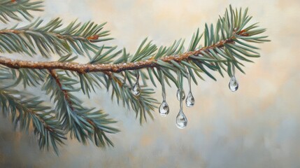 Obraz premium Pine branch with water droplets macro shot showcasing nature's beauty and tranquility in a soft blurred background