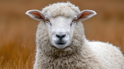 Obraz premium Close-Up of a Sheep's Face with Fluffy Wool in a Natural Pasture Setting Surrounded by Golden Grasses Capturing Rural Charm and Serenity