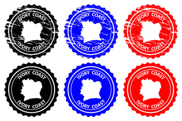 Ivory Coast - rubber stamp - vector, Ivory Coast map pattern - sticker - black, blue and red