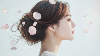 Fototapeta premium Pink Cosmos flower on long hair of beauty woman in studio,spring or summer concept,creative bright image for advertising products for hair,copy space,Bridal hairstyle with real flowers.