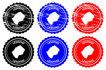 Lesotho - rubber stamp - vector, Kingdom of Lesotho map pattern - sticker - black, blue and red