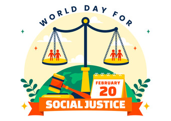 World Day of Social Justice Vector Illustration Featuring Scales and a Gavel Representing Justice, Equality, and Protection Against Injustice