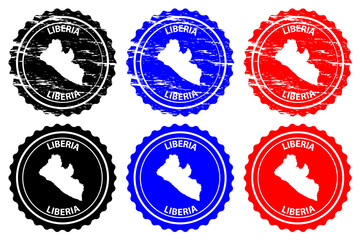 Liberia - rubber stamp - vector, Republic of Liberia map pattern - sticker - black, blue and red