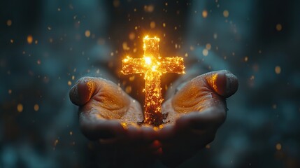 Hands worship a cross with light, symbolizing faith, religion, prayer, hope, and praise for God, heaven, and resurrection.