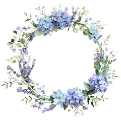 Watercolor floral wreath with blue hydrangea flowers and branches