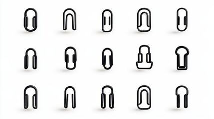Vector illustration set of paper clip icons. Office supply or accessory used to hold papers together, black silhouette of metal clip in flat design isolated on white background.