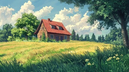 Obraz premium Charming old farmhouse nestled in a lush green field under a bright blue sky with fluffy clouds and vibrant trees.