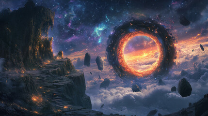 Fototapeta premium Magic portal on mountain cliff with flying rocks around, fantasy landscape background with glowing plasmic entrance under starry sky. Fantastic book or computer game scene, cartoon vector illustration