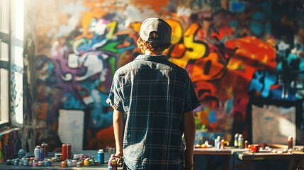 Obraz premium Young Artist Appreciates Urban Graffiti Art