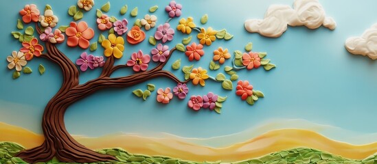 Naklejka premium Flowering tree with colorful blossoms and clouds, crafted from plasticine, celebrating the New Year of Trees in Hebrew tradition.