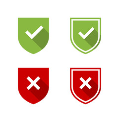 Shield checkmark and cross mark icon with long shadow. Defense, protection sign symbol