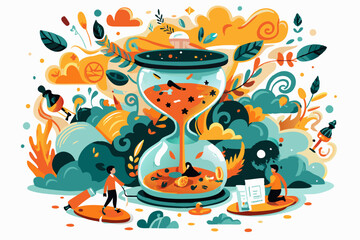 Whimsical Time Management: Vibrant Hourglass Surrounded by Nature and Creativity