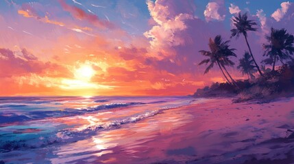 Serene tropical beach sunset with vibrant colors and silhouetted palm trees creating a tranquil atmosphere. Ideal for relaxation and nature themes.