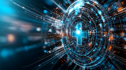 Fototapeta premium Digital medical cross futuristic technology motion graphics virtual environment close-up perspective health innovation