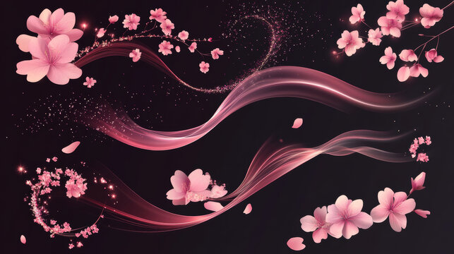Pink fragrance wind wave with flower petals and sparkles. Realistic 3d vector illustration set of rose air flow swirls and curves with japanese sakura or cherry blossoms. Abstract swoosh scent trail.
