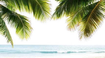 Obraz premium Tropical beach scene with palm leaves framing a serene ocean view and bright sky in the background. Perfect for vacation and relaxation themes.