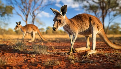 Fototapeta premium Two red kangaroos in outback Australia at sunset.