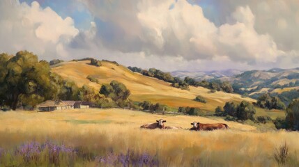Fototapeta premium Cows resting peacefully in a serene landscape of rolling hills and a tranquil farm setting under a cloudy sky