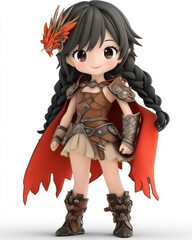 Naklejka premium a girl in an exotic dragon tamer costume, featuring leather armor with dragon scale accents, a fiery red cape, and a dragon-shaped hairpin holding her braids. 