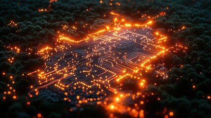 Information technology circuits and cables connect a computer with a CPU, visualizing programming, server connections, neon graphics, and a digital abstract network.