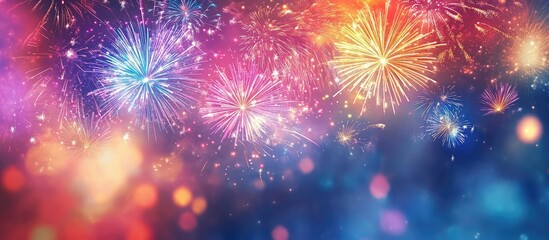 Fototapeta premium Vibrant multicolored fireworks illuminating the night sky at a beach festival celebration