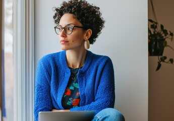 Thoughtful woman with curly hair sitting by window in blue sweater