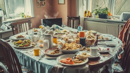 Fototapeta premium Messy dining table after a large meal, showing leftover food, dirty dishes, and used cups.