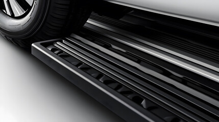 Obraz premium A close-up view of a vehicle's running board and tire, showcasing sleek design and texture for improved accessibility and style