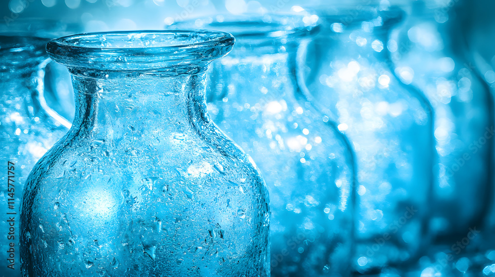 Poster a close-up view of sparkling blue glass vases lined up, showcasing their reflective surfaces and int