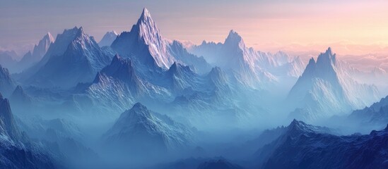 Majestic Mountain Landscape with Soft Hues and Misty Atmosphere at Sunrise