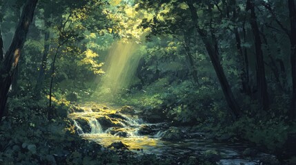 Serene summer forest stream with dappled sunlight filtering through green leaves creating a tranquil natural atmosphere