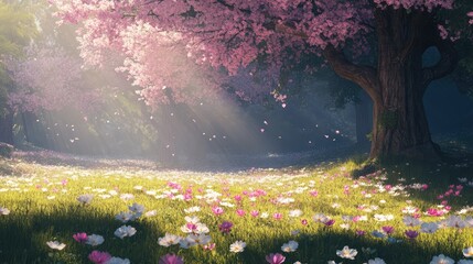 Obraz premium Blossoming pink and white flowers in vibrant grass beneath trees with sunlight filtering through a serene forest landscape