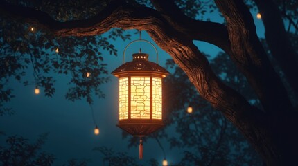 Illuminated lantern hanging from a tree branch in a mystical forest at night enchanting atmosphere serene viewpoint