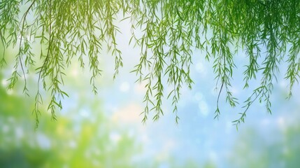 Obraz premium Willow tree branches gently swaying against a soft blurred sky background creating a serene natural atmosphere