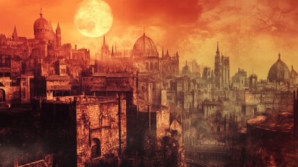 Obraz premium Medieval Cityscape with Retro Filter Dramatic Sunset Over Ancient Architecture