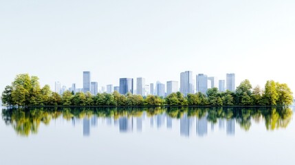 Fototapeta premium Modern city skyline rises behind a lush green forest with a perfect reflection on calm water under a bright sky.