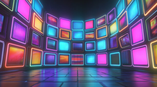Digital stage screen with led panels. Tv show display for concert or night disco party. Curve concave electronic monitors with neon blue and purple glow. Realistic 3d vector lcd video technology.