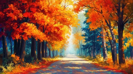 Autumn colors along a serene tree lined road in a vibrant forest landscape showcasing seasonal beauty and tranquility.