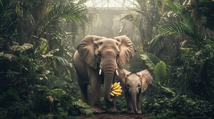 Fototapeta premium magical rainforest setting featuring mother elephant and her calf surrounded by lush greenery, conveying sense of wonder and connection