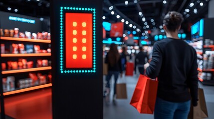 Shopping spree sale rush concept. A shopper holds bags in a vibrant retail store, surrounded by colorful displays and products, creating an inviting shopping atmosphere.