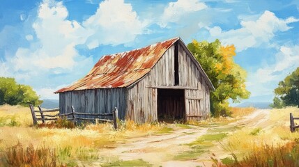 Obraz premium Rustic abandoned wooden barn in serene rural landscape under a bright blue sky with fluffy clouds and golden grass fields