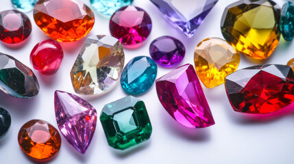 Fototapeta premium Color gems, jewel crystal stones in round, geometric and diamond shape. Vector cartoon set of precious gemstones, ruby, sapphire, topaz, amethyst and emerald isolated on background