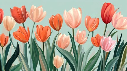 Obraz premium Colorful Tulip Floral Background with Soft Pastels and Lush Green Leaves Ideal for Spring Themes and Seasonal Decor