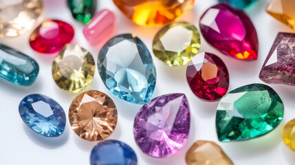 Fototapeta premium Color gems, jewel crystal stones in round, geometric and diamond shape. Vector cartoon set of precious gemstones, ruby, sapphire, topaz, amethyst and emerald isolated on background