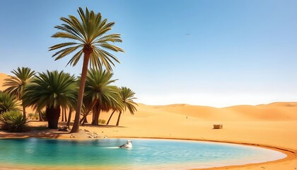 Oasis Serenity Desert Palm Trees Bird Water