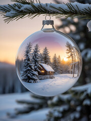 Inside a Glass Snow Globe Ornament Nestled in a Christmas Tree A Winter Wonderland of Delicate Snow