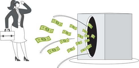 Businesswoman desperately watching money being sucked into dark hole